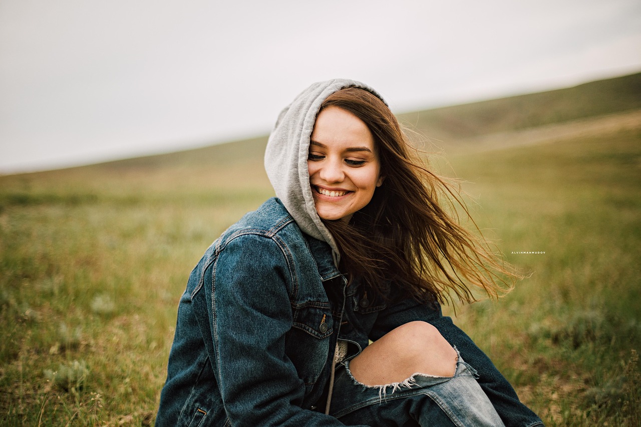 woman, brunette, portrait, denim jacket, hoodie, denim, grass, model, fashion, style, casual, smile, smiling, happy, nature, young woman, modeling, pose, posing, female model
