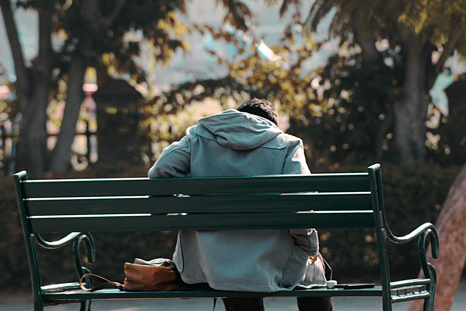 a person sitting on a bench in a park