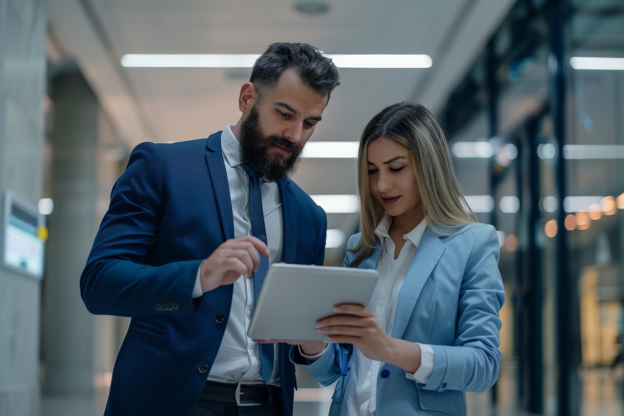 ai generated, business, couple, office, meeting, exchange, smile, group, team, businesspeople, professional, work, teamwork, standing, businesswoman, businessman