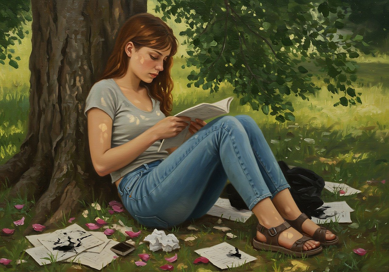 ai generated, woman, painting, portrait, school, paint, heart, spring, nature, paper, writing, reading, mind, thoughts
