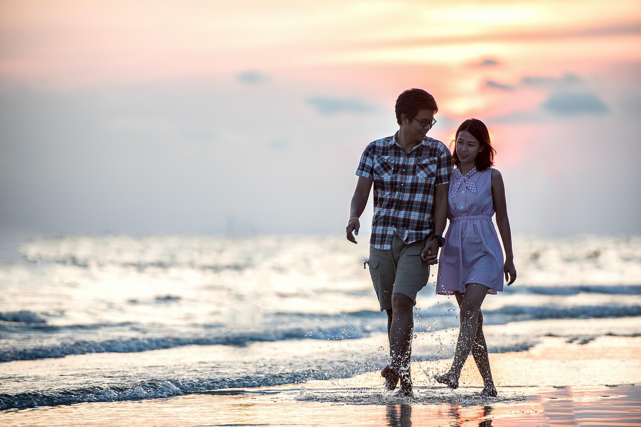 happy valentines day, couple, holding hands, beach, nature, lovers, affection, walk, walking, together, walking together, asian couple, shore, seashore, affectionate, happy couple, love, outdoor, smiling, relationship, pair, girl, sea, ocean, seaside, people, water, asia