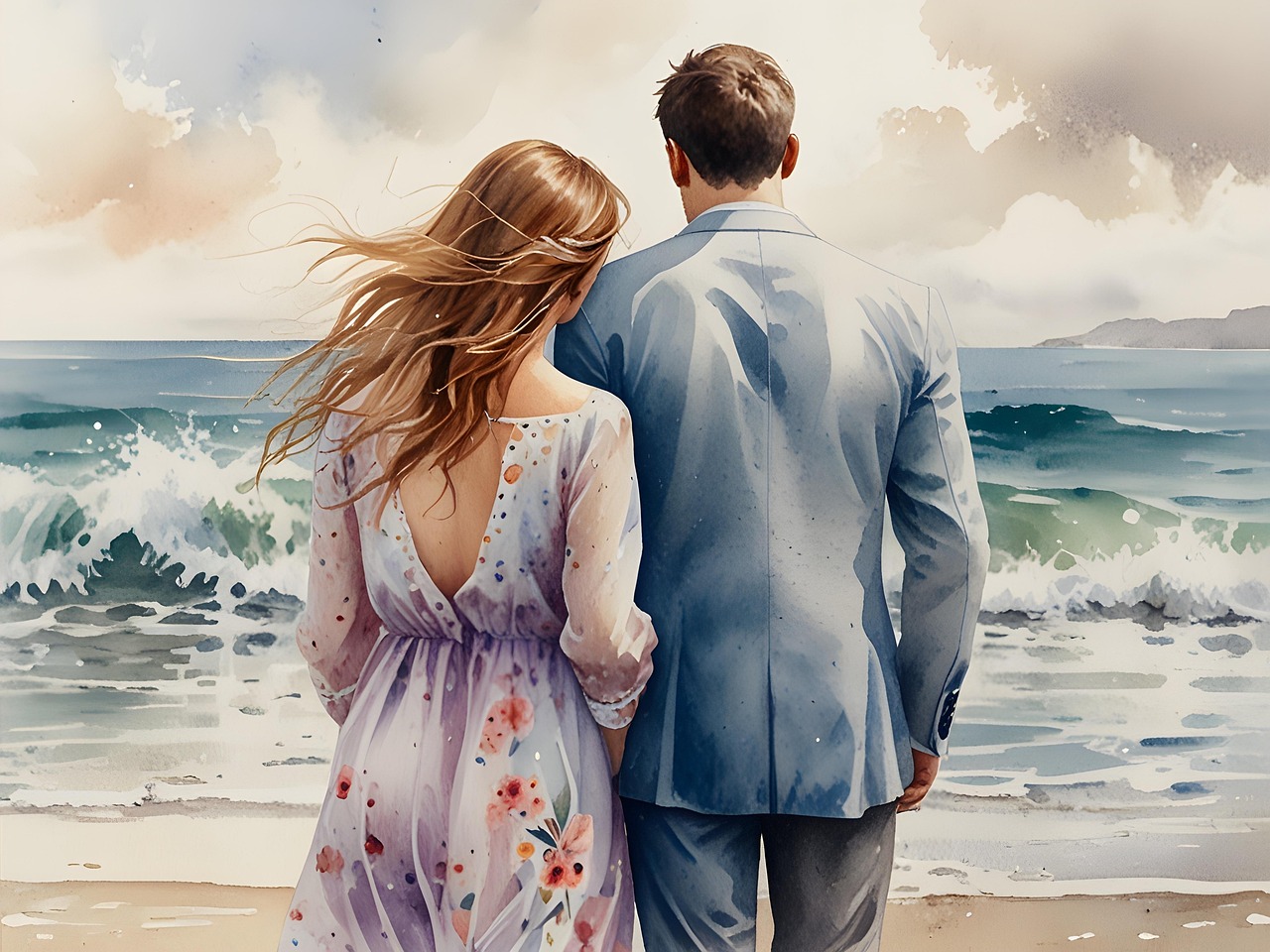 couple, relation, relationship, bond, watercolor, couple goals, love, nature, sea